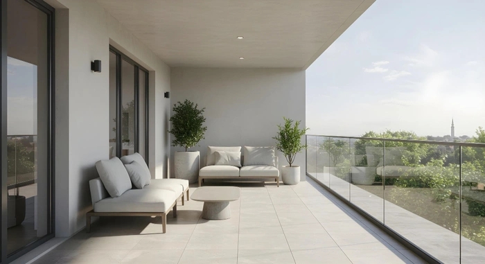 Terrasse eines Penthouses in Mitte mit Feinsteinzeugplatten