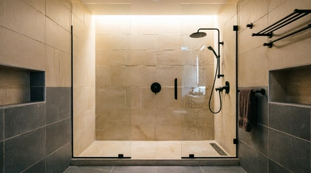 Fertiges Bad mit bodengleicher Dusche und Feinsteinzeug
